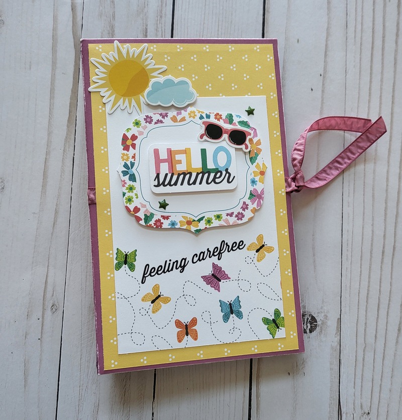 Hello Summer Waterfall Folio Album, scrapbook, fun, bright, sunglasses, sun, memory album butterflies, pin wheels