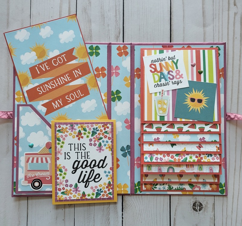Hello Summer Waterfall Folio Album, scrapbook, fun, bright, sunglasses, sun, memory album butterflies, pin wheels