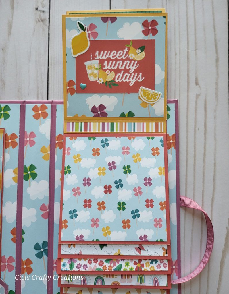 Hello Summer Waterfall Folio Album, scrapbook, fun, bright, sunglasses, sun, memory album butterflies, pin wheels