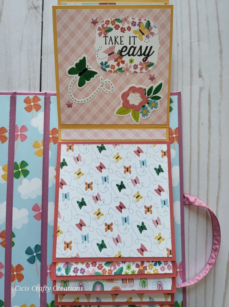 Hello Summer Waterfall Folio Album, scrapbook, fun, bright, sunglasses, sun, memory album butterflies, pin wheels