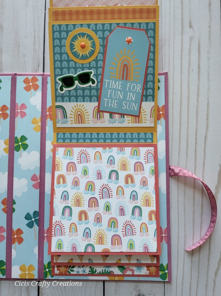 Hello Summer Waterfall Folio Album, scrapbook, fun, bright, sunglasses, sun, memory album butterflies, pin wheels